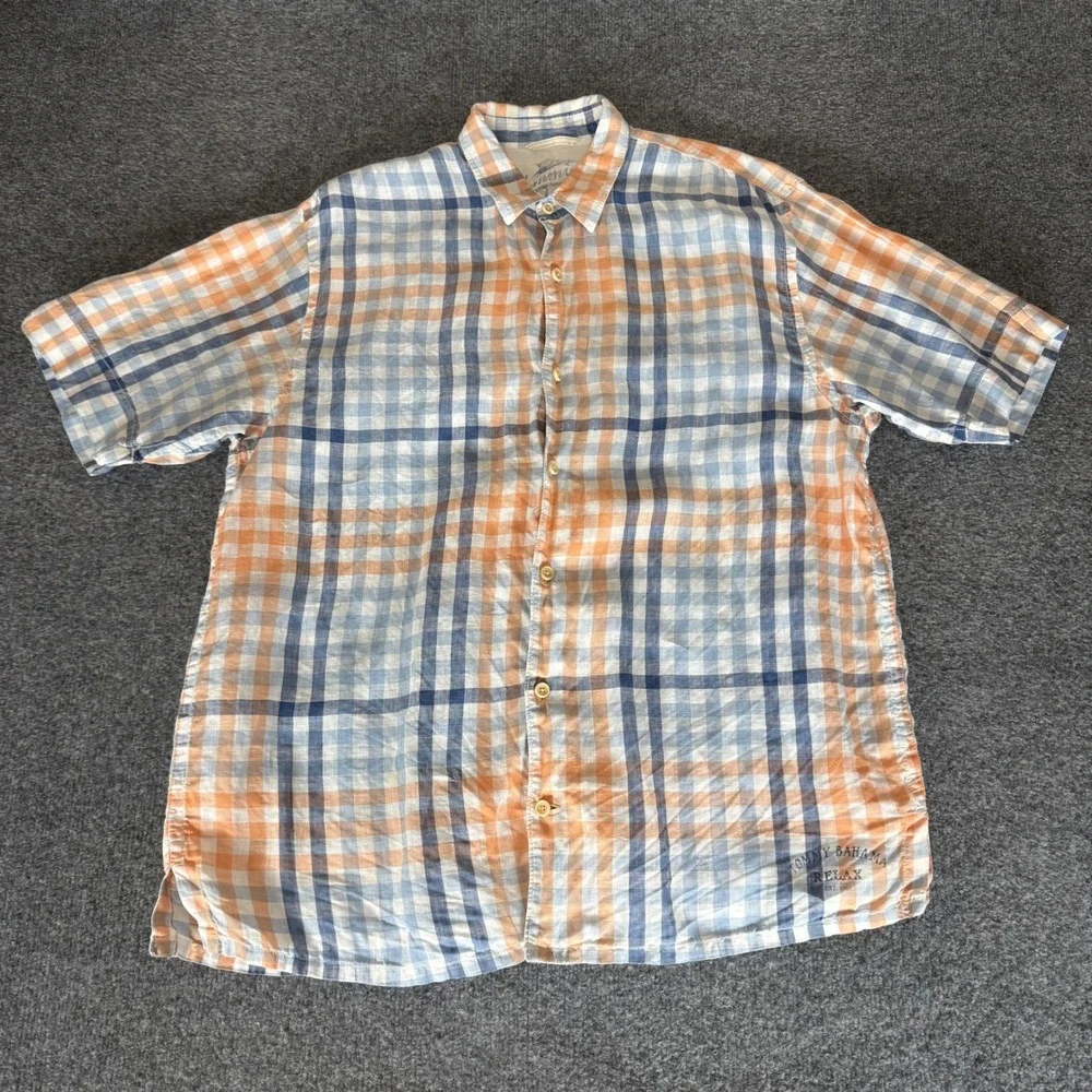 Tommy Bahama‎ Linen Shirt Mens Large Plaid Short Sleeve Button Up Relax Casual